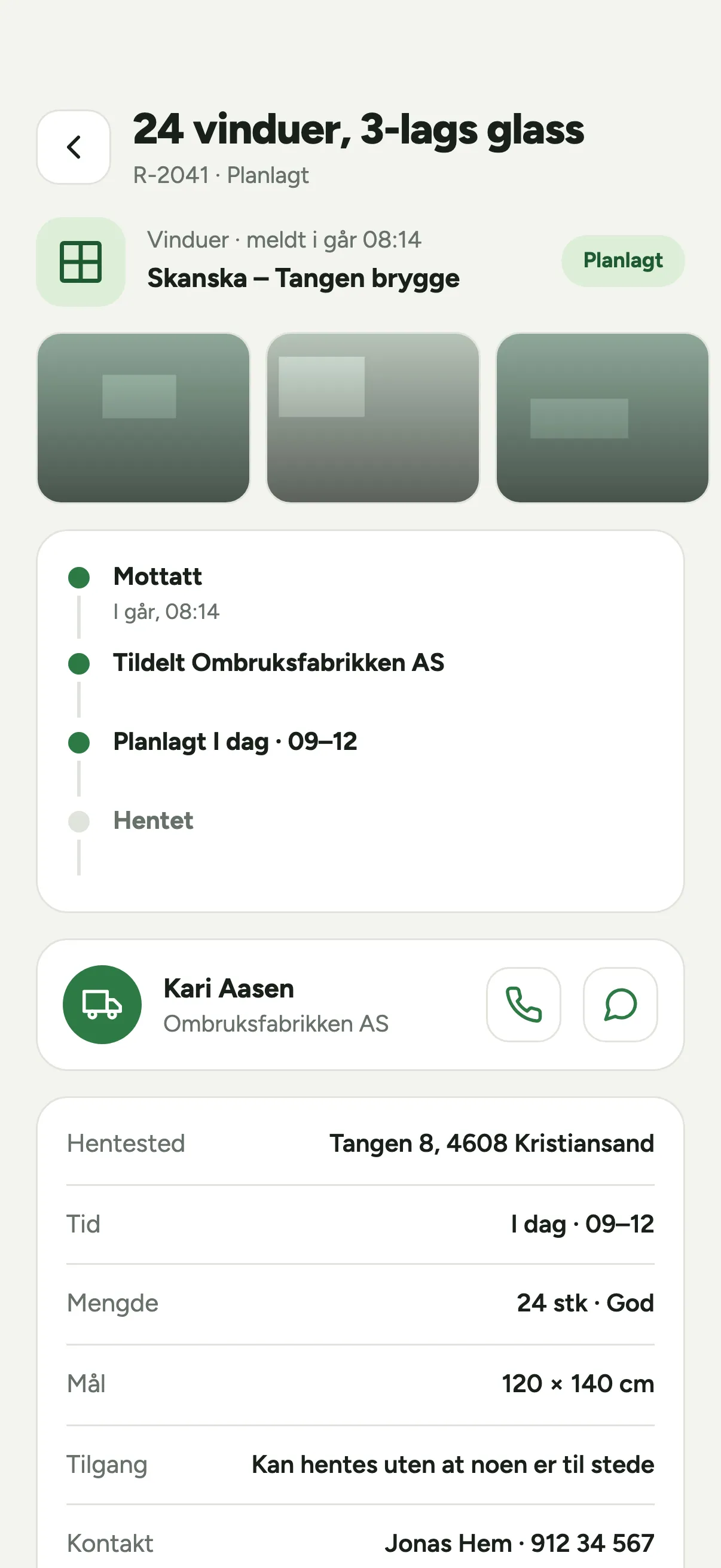 Én henting sett fra giveren: bilder, tidslinje og sjåfør
