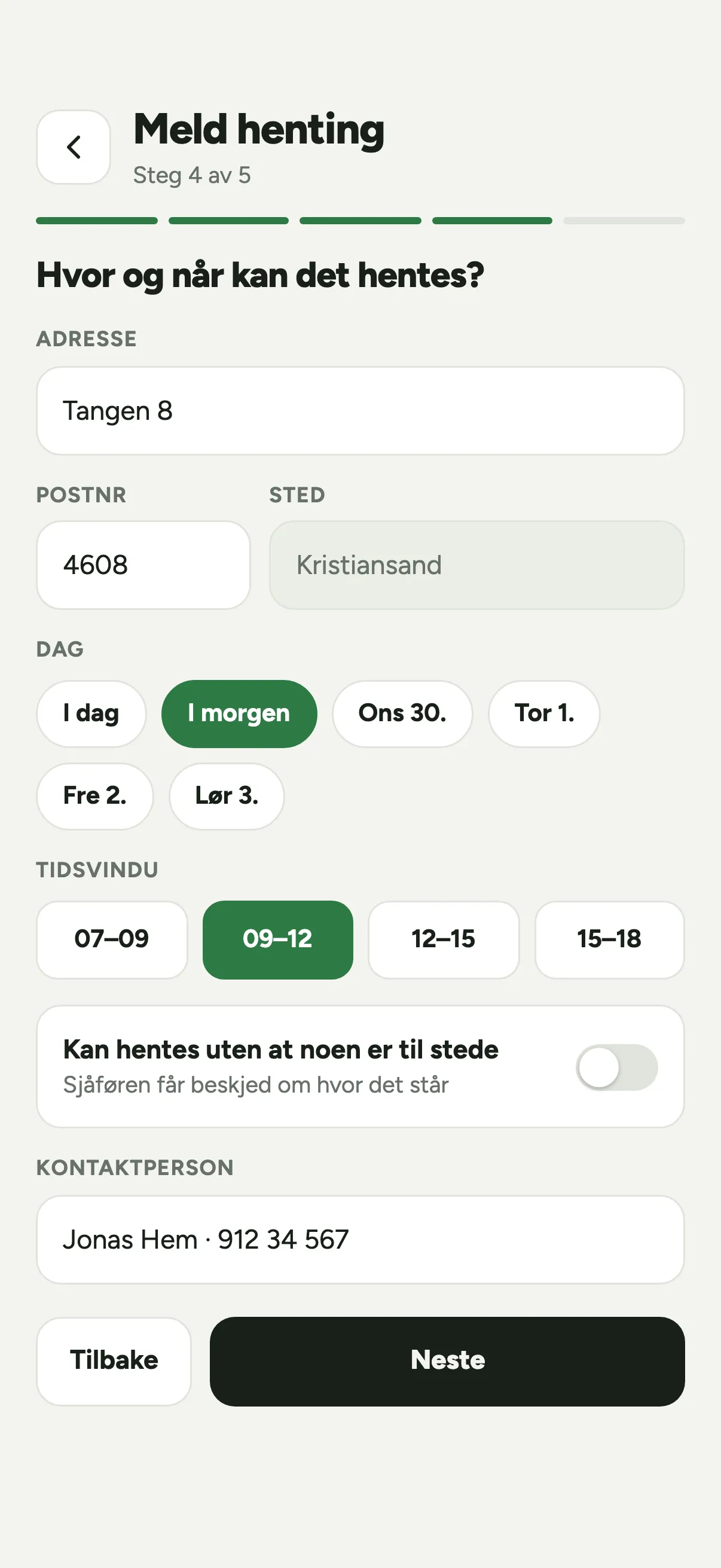 Steg 4 i meldingen: adresse, postnummer, dag og tidsvindu